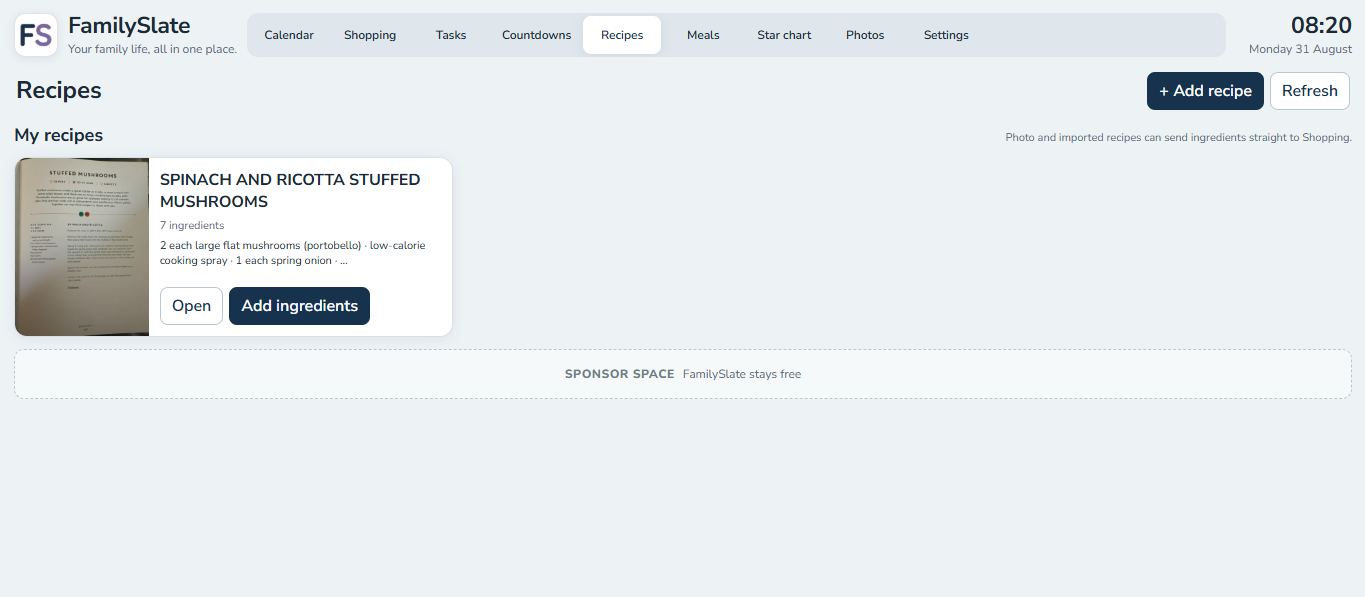 FamilySlate recipes on desktop